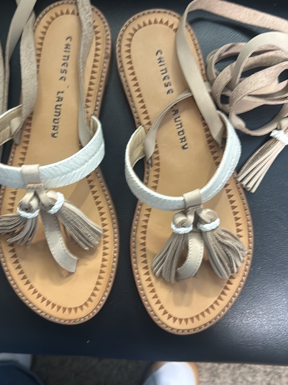 Chinese Laundry Cream Tassel Toe-Ring Sandals